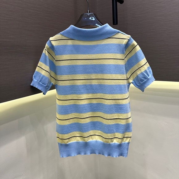 Miu Miu Striped V-Neck Knitted Short Sleeve Shirt - Picture 2 of 3